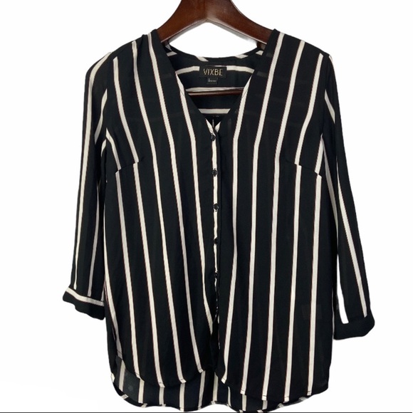 StitchFix•Vixbe•flowy oversized blackwhite stripe sheer buttondown blouse small - Picture 1 of 8